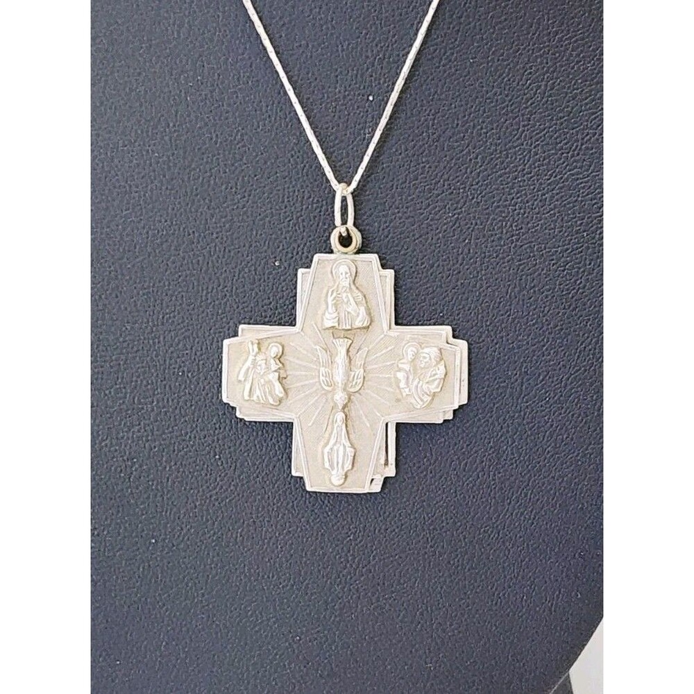Vintage Sterling Silver Jesus Mary Joseph Christopher Double Cross Necklace